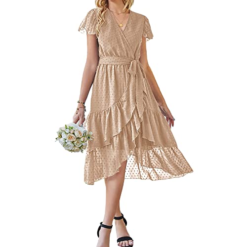 ZHIYUEE Damen Sommerkleid Chiffon Kleid Elegant V-Ausschnitt Kleider Abend Cocktailkleid Partykleid Abendkleid Rüschen Strandkleid Kleid mit Gürtel (as3, Alpha, xx_l, Regular, Regular, Beige) von ZHIYUEE