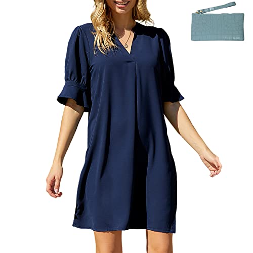 ZHIYUEE Damen Tunika Kleider Elegant Blusenkleid V-Ausschnitt Sommerkleid Kurz Dress Freizeitkleider Strandkleid Locker Kleider mit Tasche (as3, Alpha, s, Regular, Regular, Blau) von ZHIYUEE