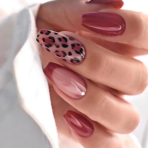 French Tip Press on Nails, 24 Stück lange Leopardenmuster, zum Aufdrücken auf Nägel, rote Nägel zum Aufkleben auf Nägel für Frauen von ZHJZFZ
