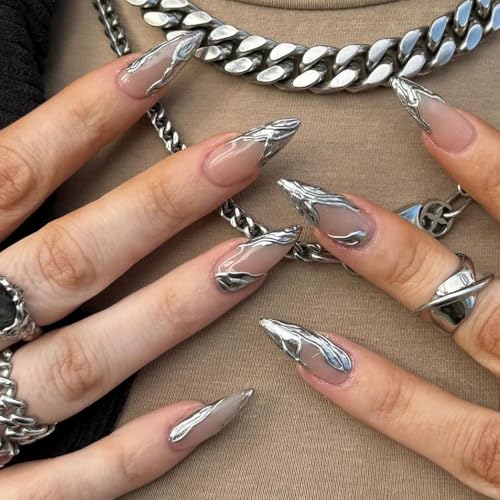 French Tip Press on Nails, 24 Stück lange Mandel-Nägel mit Design, 3D Silber French Tip Press on Nails Glue on Nails Tips für Frauen, wiederverwendbare tägliche falsche Nagel-Sets French Tip Press on Nails, 24 Stück lange Mandel-Nägel mit Design, 3D Silber French Tip Press on Nails Glue on Nails Tips für Frauen, wiederverwendbare tägliche falsche Nagel-Sets von ZHJZFZ