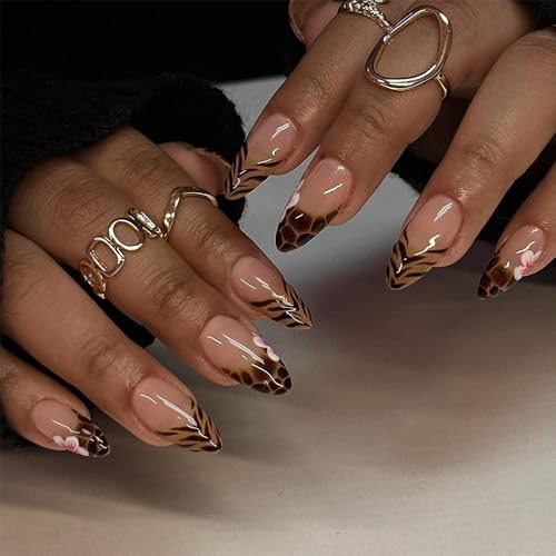 French Tip Press on Nails, 24 Stück lange Mandel-Nägel mit Design, französischer Leopardenmuster, zum Aufkleben auf Nägel, Tipps für Frauen, wiederverwendbar, tägliche künstliche Nagel-Sets von ZHJZFZ