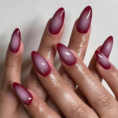 French Tip Press on Nails, 24 Stück lange Mandel-Nägel mit Design, süßer und cooler Farbverlauf, zum Aufkleben auf Nägel, Tipps für Frauen, wiederverwendbar, tägliche künstliche Nagel-Sets von ZHJZFZ