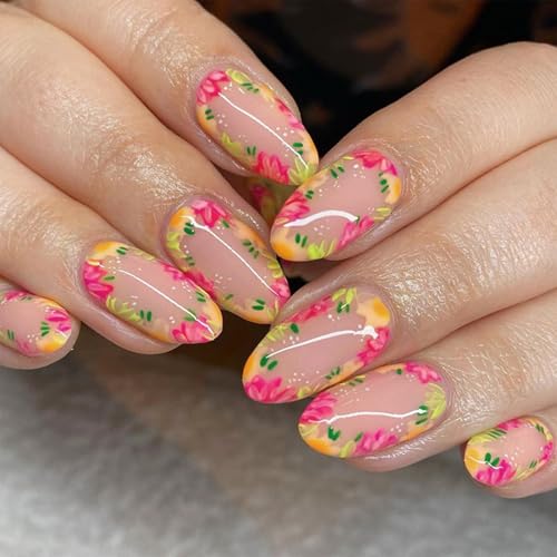 Künstliche Nägel zum Aufdrücken, Mandelfarben, kurz, weiches Gel mit Blumenmuster für Frauen und Mädchen, wiederverwendbar, zum Aufkleben, für Geschenkparty, 24 Stück Künstliche Nägel zum Aufdrücken, Mandelfarben, kurz, weiches Gel mit Blumenmuster für Frauen und Mädchen, wiederverwendbar, zum Aufkleben, für Geschenkparty, 24 Stück von ZHJZFZ