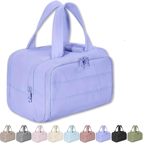 Cureaway Travel Cosmetic Bag, Large Capacity Wide-Open Travel Cosmetic Bag,4-In-1 Puffy Multi-Functional Waterproof Portable Pouch Open Flat Toiletry Bag for Women with Divider and Handle (Purple) von ZHKVAG