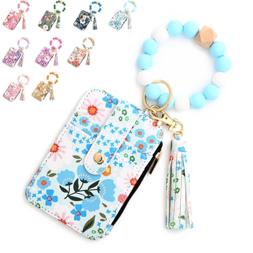 Women's Boho Beaded Wallet, Women's Boho Style Wristlet Beaded & Tassel Decorated Keychain with Floral Wallet (Light Blue) von ZHKVAG