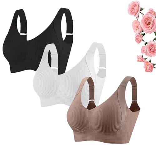 Women's Ribbed Push Up Adjustable Wireless Bra,Women Solid Four Breasted Adjustable Wireless Invisible Bra (3Pcs-K,S) von ZHKVAG
