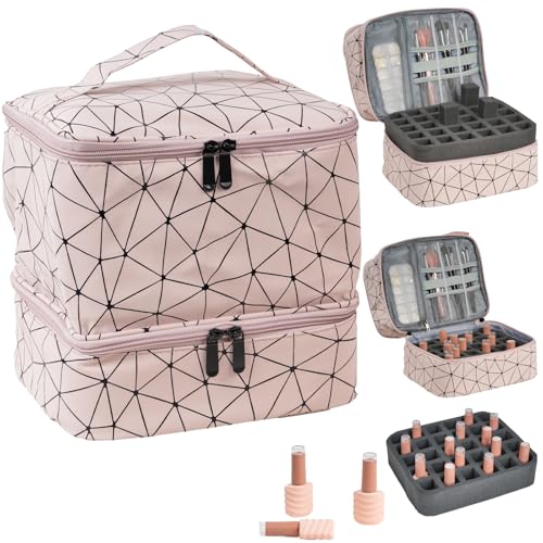 ZHLIMY Nagellack Aufbewahrung Organizer Tasche, Nail Polish Organizer mit Fächern, Doppelschicht Nagellack Aufbewahrungsbox, Tragbare Reise nagelkoffer für 30 Flasche und Nagellampe (Rosa) von ZHLIMY