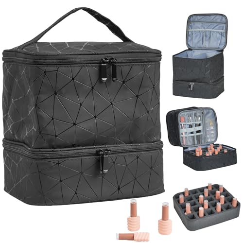 ZHLIMY Nagellack Aufbewahrung Organizer Tasche, Nail Polish Organizer mit Fächern, Doppelschicht Nagellack Aufbewahrungsbox, Tragbare Reise nagelkoffer für 30 Flasche und Nagellampe (Schwarz) von ZHLIMY