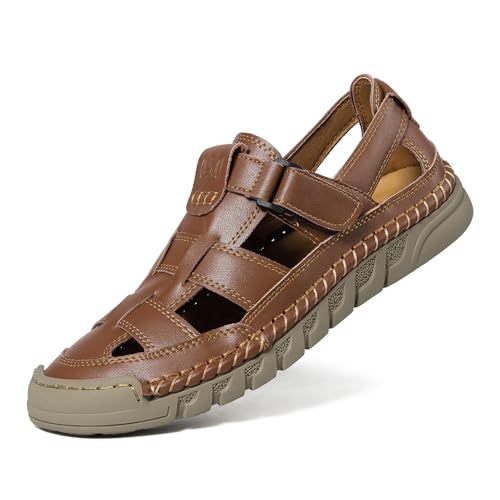ZHNSHM Herren Sommersandalen Atmungsaktive Freizeitsandalen Verstellbare Ledersandalen Bequeme Weiche Geschlossene Sandalen Outdoor Strand Sandalen Dunkelbraun von ZHNSHM