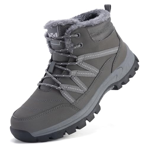 ZHNSHM Schneestiefel für Herren warm mit Fell gefüttert Stiefeletten wasserabweisend rutschfest Outdoor-Stiefel verschleißfeste Winterschuhe grau von ZHNSHM