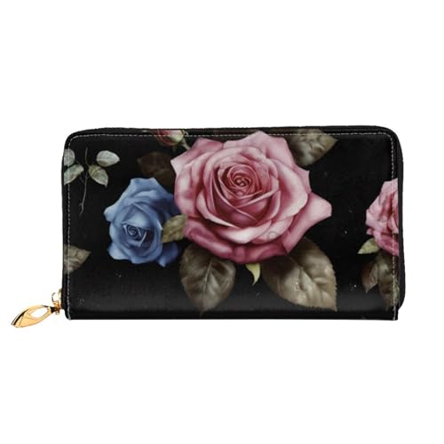 ZHONGSK Damen Leder Geldbörse - Stilvolle Lange Geldbörse Geldbörse mit Reißverschluss Clutch Bag - Münzkreditkartenhalter Organizer - Hirschbild, Schwarz Blackgound Rose, Einheitsgröße von ZHONGSK