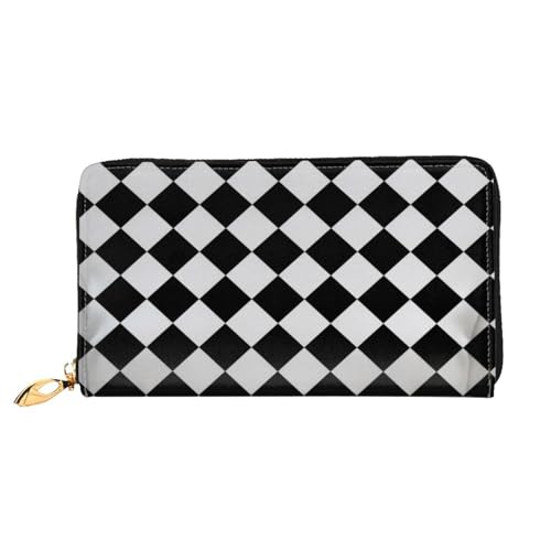 ZHONGSK Damen Leder Geldbörse - Stilvolle Lange Geldbörse Geldbörse mit Reißverschluss Clutch Bag - Münzkreditkartenhalter Organizer - Schwarz und Weiß Polka Dot, Schwarz-Weiß kariert, Einheitsgröße von ZHONGSK