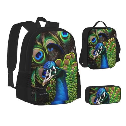 ZHONGSK Fresh Peacock – Schultasche + Federmäppchen + Lunchtasche Kombination, 3-in-1-Rucksack-Set, wasserabweisend, langlebig, Büchertasche für Studenten, Kinder, Teenager, Mädchen und Jungen, ZHONGSK Fresh Peacock – Schultasche + Federmäppchen + Lunchtasche Kombination, 3-in-1-Rucksack-Set, wasserabweisend, langlebig, Büchertasche für Studenten, Kinder, Teenager, Mädchen und Jungen, von ZHONGSK