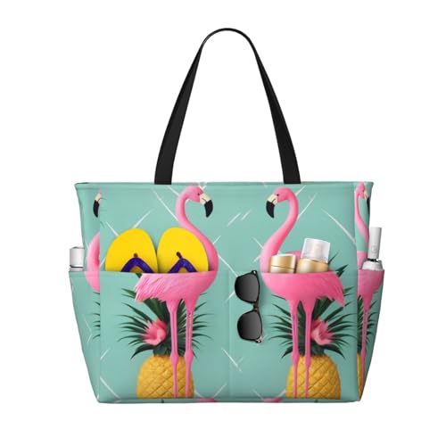 ZHONGSK Große Strandtasche für Damen, große Kapazität, Strandtasche, Zuckerschädel, Pooltasche mit Reißverschluss und Taschen, faltbare Handtasche für Fitnessstudio, Reisen, Einkaufen, Pinke Flamingo von ZHONGSK