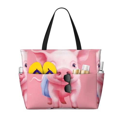 ZHONGSK Große Strandtasche für Damen, große Kapazität, Strandtasche, Zuckerschädel, Pooltasche mit Reißverschluss und Taschen, faltbare Handtasche für Fitnessstudio, Reisen, Einkaufen, Rosa, Schwein, von ZHONGSK