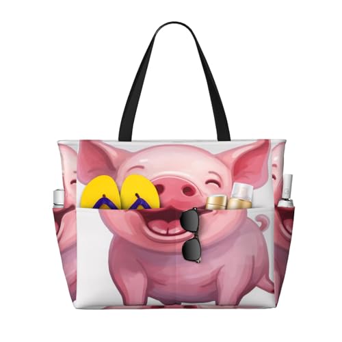 ZHONGSK Große Strandtasche für Damen, große Kapazität, Strandtasche, Zuckerschädel, Pooltasche mit Reißverschluss und Taschen, faltbare Handtasche für Fitnessstudio, Reisen, Einkaufen, Smile Pink Pig, von ZHONGSK