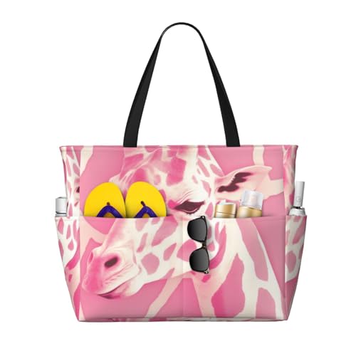 ZHONGSK Große Strandtasche für Damen, große Kapazität, Strandtasche, rosa Giraffenstruktur, Pooltasche mit Reißverschluss und Taschen, faltbare Handtasche für Fitnessstudio, Reisen, Einkaufen, Textur von ZHONGSK