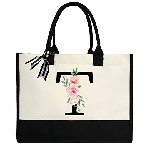 ZHONYEE Personalisierte Leinen-Einkaufstasche für Damen, monogrammierte Geschenk-Tragetasche, wasserdichtes Futter innen, für Hochzeit, Geburtstag, Urlaub, Lehrer, Schwarzes T, 17" x 13" x 6.7" von ZHONYEE