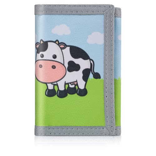 ZHONYEE RFID-Cartoon-Brieftaschen aus Segeltuch, für Kinder, niedlich, für Outdoor-Sport, dreifach gefaltete Brieftaschen mit magischem Aufkleber und Reißverschlusstasche, kuh von ZHONYEE
