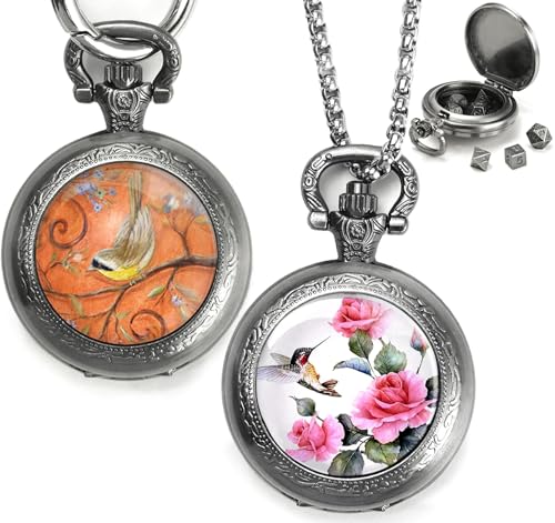 Mini DND Würfel Set mit Taschenuhr 2Pack, Polyedrische Metall Würfelset für Dungeons and Dragon, Kleine Würfel Tragbare Halskette Schlüsselanhänger für Männer Frauen RPG Geschenke(Flower & Bird-C) Mini DND Würfel Set mit Taschenuhr 2Pack, Polyedrische Metall Würfelset für Dungeons and Dragon, Kleine Würfel Tragbare Halskette Schlüsselanhänger für Männer Frauen RPG Geschenke(Flower & Bird-C) von ZHOORQI