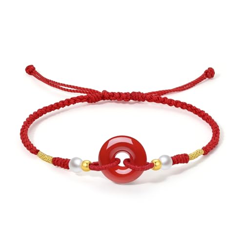 ZHOU LIU FU 24 Karat Gold Armbänder für Damen GoldCharm Perlenperle Jade Achat Perlen kreis runder Schmuck verstellbares geflochtenes Armband für Männer und Mädchen (Rot) von ZHOU LIU FU