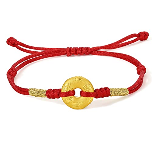 24K Massivgold Armbänder für Damen, Echter Reiner Gold schmuck zierliche Glück münzen rot schwarz geflochtene Armbänder für Männer Teenager Mädchen (22cm, Fu Münze Rot) von ZHOU LIU FU