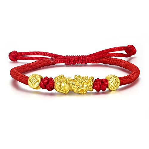 24K Massivgold Armbänder für Damen, Schmuck aus echte reine Gold Fortune Pixiu Drachen schildkröte verstellbares rot schwarzes geflochtenes Armband für Männer Teenager Mädchen (21cm, Pixiu/Münze) von ZHOU LIU FU