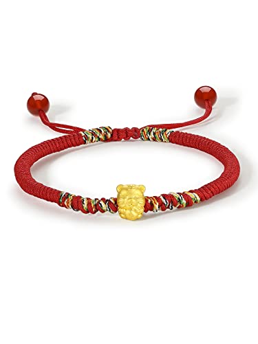 24k feste Goldarmbänder für Frauen, Freundschaftsarmbänder Verstellbare echte goldene Schmuck rote Armbänder Lucky Tiger Ruyi Kupfermünze Goldimbotbrand Armbänder Zodiac Gold Armreifen Armbänder2 von ZHOU LIU FU