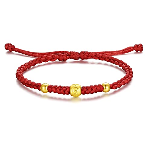 999 24K Massivgold Armbänder für Frauen, echtes reines Gold verstellbares Freundschafts Gold perlenarmband rotes geflochtenes Armband für Frauen Männer Mutter Teenager Mädchen (Drei Perlen) von ZHOU LIU FU