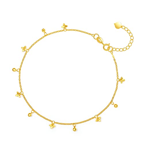 Fußkettchen für Damen mit Blume Anhänger 18 Karat 750 Echtgold Längenverstellbar :21+3cm Inklusive Schmuckschachtel von ZHOU LIU FU