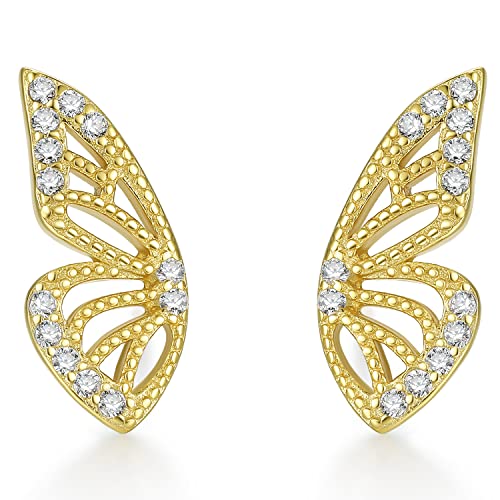 Silber Ohrringe für Damen Gold Schmetterling Ohrstecker Zirkonia Schmuck Kleine Ohrring Hypoallergen Ohrschmuck Vergoldet Earrings Wasserfest 925 Sterling Silber Geschenk Mädchen Frauen von ZHOU LIU FU