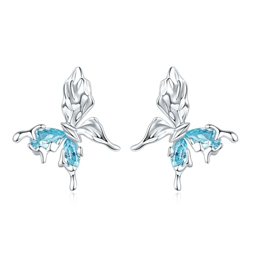 Ohrstecker 925 Sterling Silber Mädchen, Ohrringe Silber Ohrschmuck mit Blauer Zirkonia Schmetterling Kommt in Schmuck Geschenk Box von ZHOU LIU FU