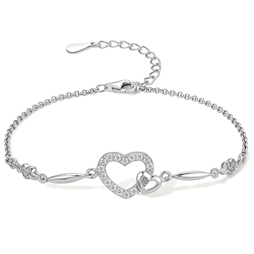 S925 Sterling Silber Armband Herz Liebe Cubic Zirkon Kristall Armband Schmuck Reines Silber 16+3cm/6.3-7.5inch mit Geschenk Box für Teens Mädchen Damen Frauen Mom Jahrestag Geburtstag (Herz) von ZHOU LIU FU