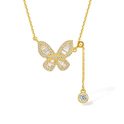 Schmetterling Kette Damen Gold Halskette, Glänzende Krawatte Anhänger Schmuck Mit Geschenkbox für Frauen Frau Mama Freundin Tochter Teenager Mädchen Geburtstag Valentinstag (Gold Schmetterling) von ZHOU LIU FU