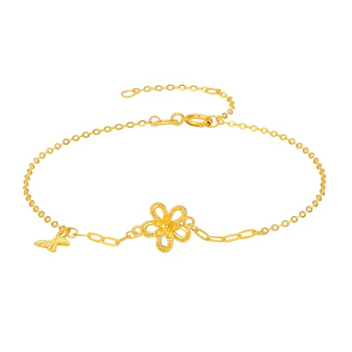 ZHOU LIU FU 18K Gold Armband Blume Charm Armband 750 Goldene Armbänder Schmetterlinge Schmuck Geschenk für Damen Mutter Tochter 16+3cm C0714754 von ZHOU LIU FU