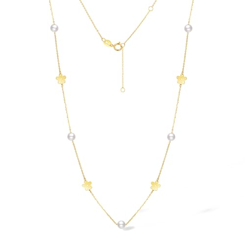 750 Gold Halskette für Damen Blume Anhänger Kette Perlenkette 18K Perlen Choker Blumen Schmuck Gelbgold Modeschmuck Wasserfest Goldkette Perle Necklace Pearl Halsketten Elegante Echtgold Jewels von ZHOU LIU FU
