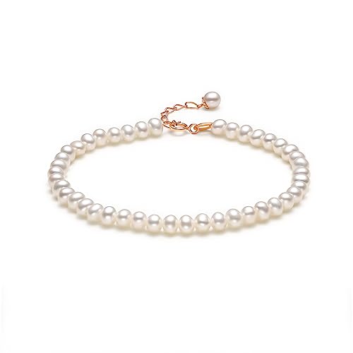 ZHOU LIU FU Perlen Armband für Damen 750 Gold Armbänder 18 Karat Rosegold Perlenarmband Verstellbar Armkette Wasserfest Bracelet Perle Armreif Layered Armschmuck Weiß Perlenarmbänder 18K Gold Geschenk von ZHOU LIU FU