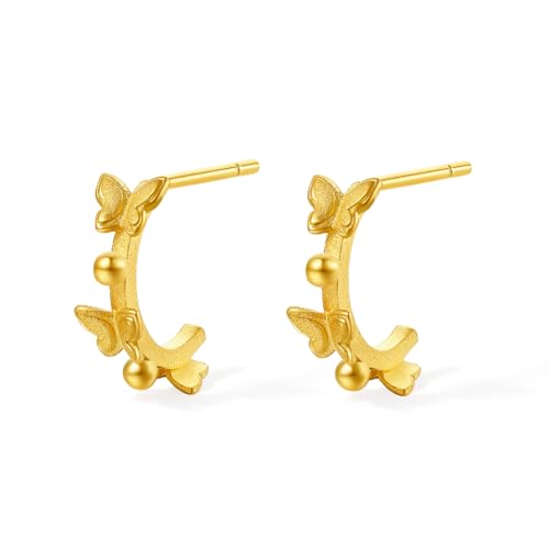 ZHOU LIU FU 24 Karat 990 Gold Ohrringe Gold Schmetterling Ohrstecker Halbkreisförmige Ohrringe Kreis Ohrstecker Wasserfester Schmuck für Damen Mutter Tochter Geburtstag Jubiläum A0913803 von ZHOU LIU FU