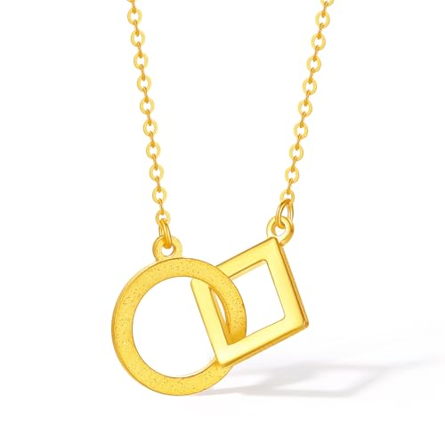 ZHOU LIU FU 24 Karat 990er Gold Halsketten Goldkreis Quadrat Anhänger Halskette Runde Kettenhalskette Zierlicher Schmuck für Damen Geburtstag Jubiläum 40+5CM A0613833 von ZHOU LIU FU