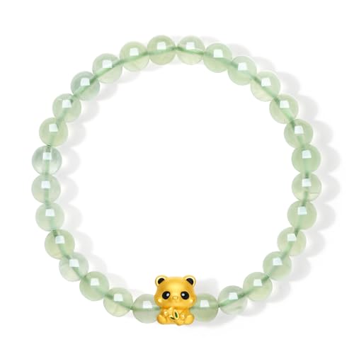 ZHOU LIU FU 24 Karat Gold Armbänder Süßer Panda Charme Natürliche Grüne Prehnit Perlen Edelstein Schmuck für Damen Tochter Geburtstag Jahrestag 17cm A1914217 von ZHOU LIU FU