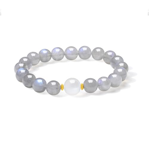 ZHOU LIU FU 24 Karat Gold Armband Weiß Graue Feldspatperlen Stretch Armbänder Heilschmuck für Damen Mutter Tochter Geburtstag Jahrestag 17cm J1915710 von ZHOU LIU FU