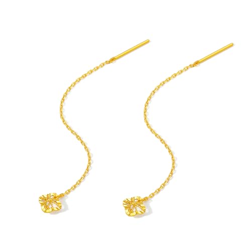 ZHOU LIU FU 24 Karat Gold Ohrringe Kleiner Glücksklee Langer Faden Baumelnde Kette Zierlicher Schmuck für Damen Mutter Tochter Geschenke Zum Geburtstag Jahrestag 69mm A0913529 von ZHOU LIU FU