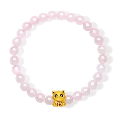 ZHOU LIU FU 24 Karat Gold armbänder Süßer Panda Charme Rosa Rosenquarz Perlenarmband Edelstein Stretch Schmuck für Damen Tochter Geburtstag Jahrestag 17cm A1914218 von ZHOU LIU FU