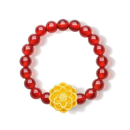 ZHOU LIU FU 24 Karat Goldperlenring Lotusblumen Ringe Rote Achatperlen Goldanhänger Eleganter Schmuck für Damen Mütter Jahrestage Geburtstage Geschenke Größe 12–14 A0113669 von ZHOU LIU FU