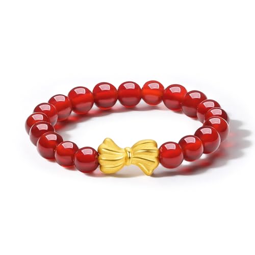 ZHOU LIU FU 24K 990 Gold Fingerring Schmetterling Bug Rotes Achatperlen Ring Verstellbarer Gold Stretch Achat Perlen Ring Schmuck mit Geschenkbox für Frauen Lady Liebhaber A0112543 von ZHOU LIU FU