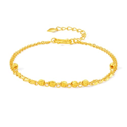 ZHOU LIU FU 24K 990 Goldarmband Echte Goldperlen Stapelbare Doppelgliederkette Armbänder Zierlicher Schmuck für Damen Mutter Tochter Geburtstag Jubiläum 16+3CM A0714695 von ZHOU LIU FU