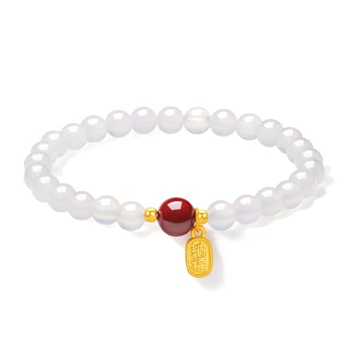ZHOU LIU FU 24K Echtgold Armband mit Weißem Chalcedon Dehnbare Feng Shui Armband mit Roten Zinnober Heilschmuck Für Frauen Mutter Tochter Geburtstag Jahrestag 17CM A1914699 von ZHOU LIU FU