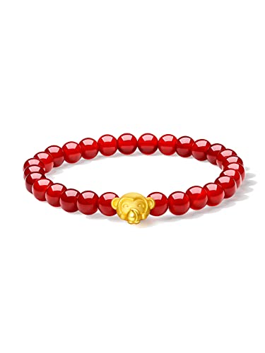 ZHOU LIU FU 24K Feste Goldarmbänder für Frauen dehnbare glückliche Tiere echter Goldarmarmarme Armbänder reines Gold Achat Perlen Onyx Zodiac Bunny 17 cm rotes Armband (Affe) von ZHOU LIU FU