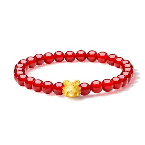 ZHOU LIU FU 24K Gold Armbänder für Frauen dehnbare glückliche Tiere echter Goldarmarmarme Armbänder reines Gold Achat Perlen Onyx Zodiac Bunny 17 cm rotes Armband (Tiger) von ZHOU LIU FU