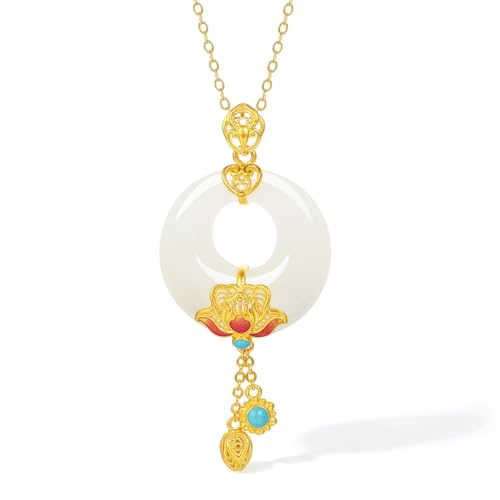 ZHOU LIU FU 24K Gold Anhänger 990 Gold Lotus Weißer Nephrit Jade Anhänger Emaille Blume Zierlicher Schmuck für Damen Ihr Jubiläum Geburtstag (Ohne Halskette) Y0414417 von ZHOU LIU FU